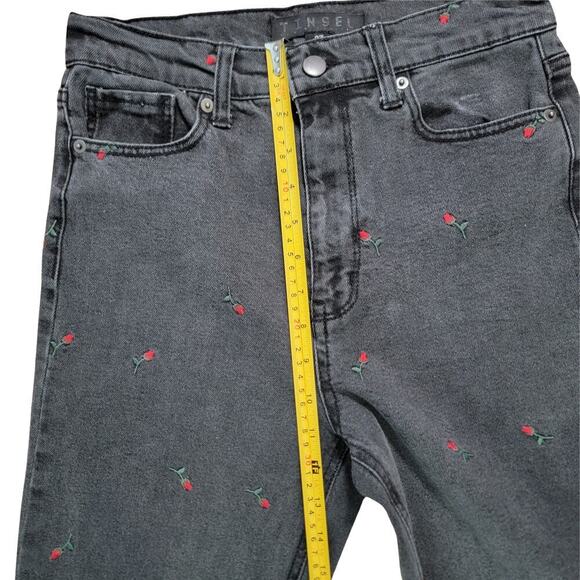 TINSEL DENIM COUTURE Dark Grey Washed Rose Embroidered Jeans Womens 27 Retro - Picture 12 of 14